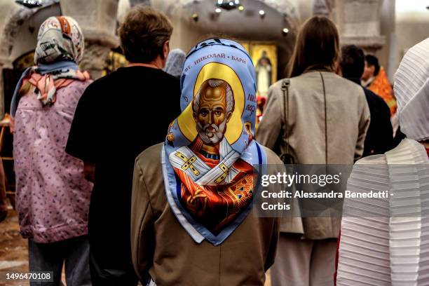 Russian orthodox pilgrims attend a special church service at Bari's Basilica San Nicola Crypt, on May 11, 2023 in Bari, Italy. The Pontifical...