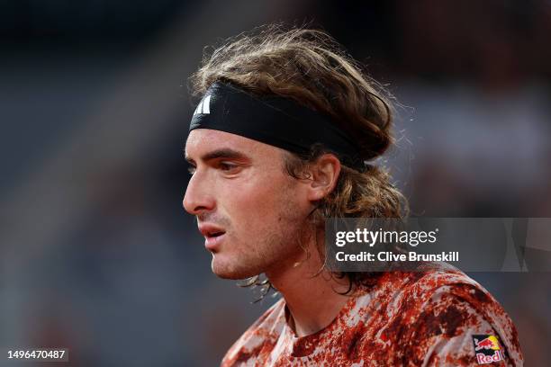 Stefanos Tsitsipas of Greece looks on against Carlos Alcaraz of Spain during the Men's Singles Quarter Final match on Day Ten of the 2023 French Open...