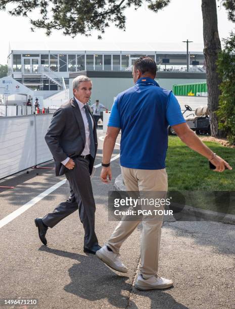 Jay Monahan, Commissioner of the PGA TOUR, arrives to a players meeting prior to the RBC Canadian Open at Oakdale Golf & Country Club on June 06,...