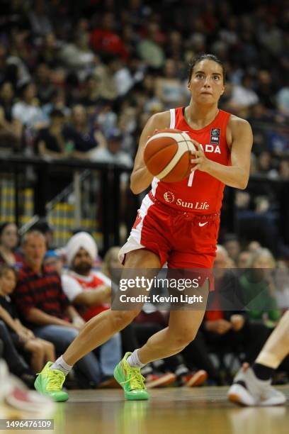 Aislinn Konig of Canada versus Japan during a exhibition Basketball game at Save On Foods Memorial Centre on June 2, 2023 in Victoria, British...