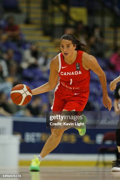 Aislinn Konig of Canada versus Japan during a exhibition Basketball game at Save On Foods Memorial Centre on June 2, 2023 in Victoria, British...