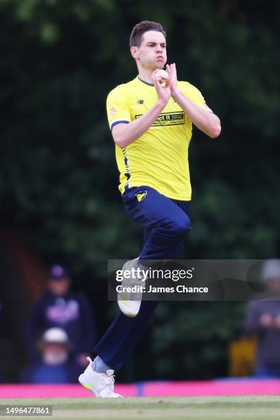 Max Harris of Middlesex bowls during the Vitality Blast T20 match between Middlesex and Hampshire Hawks at Radlett Cricket Club on June 06, 2023 in...