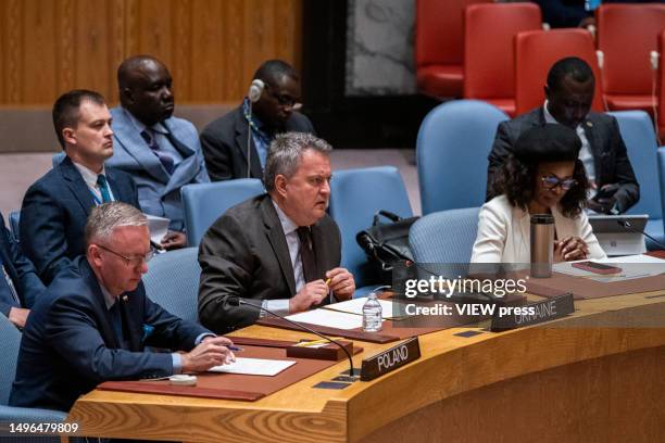 Ukraine's Ambassador to the United Nations Sergiy Kyslytsya speaks to delegates during a Security Council meeting for the Maintenance of Peace and...