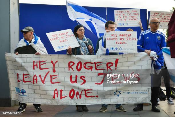 Supporters of the Jewish community demonstrate outside The O2 Arena before Roger Waters performs, on June 06, 2023 in London, England.