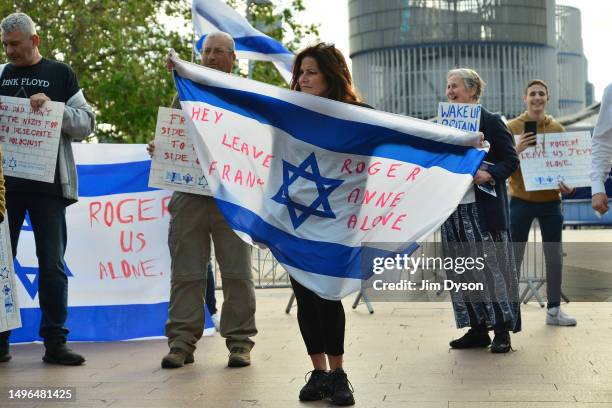 Supporters of the Jewish community demonstrate outside The O2 Arena before Roger Waters performs, on June 06, 2023 in London, England.