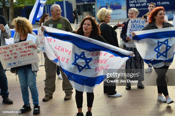 Supporters of the Jewish community demonstrate outside The O2 Arena before Roger Waters performs, on June 06, 2023 in London, England.