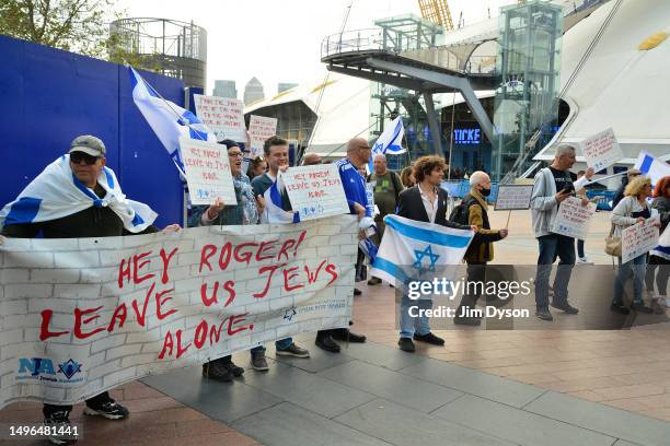 Supporters of the Jewish community demonstrate outside The O2 Arena before Roger Waters performs, on June 06, 2023 in London, England.