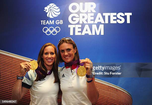 Team GB Rowing Gold medalists Helen Glover and Heather Stanning pose with their Gold Medals at GB House in Stratford on August 1, 2012 in London,...