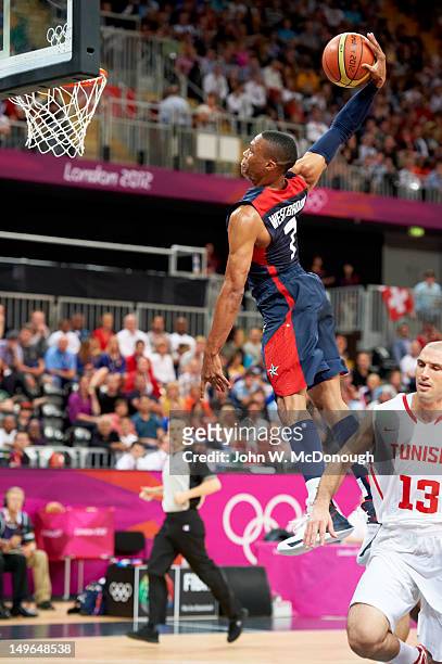 Summer Olympics: USA Russell Westbrook in action, dunk vs Tunisia during Men's Preliminary Round - Group A game at Basketball Arena. London, United...
