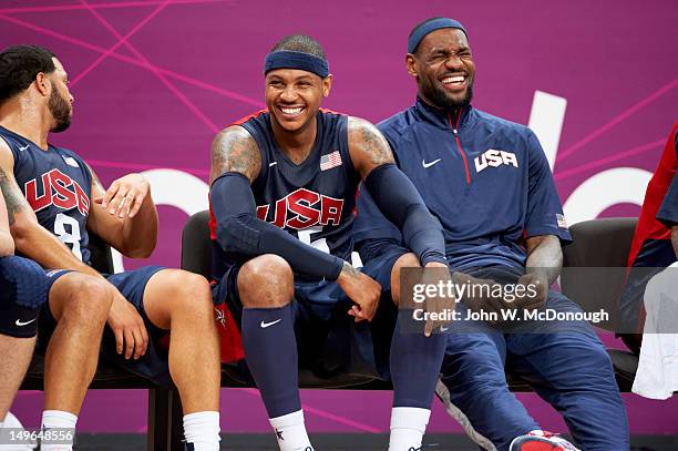 Summer Olympics: USA Carmelo Anthony and LeBron James on bench during Men's Preliminary Round - Group A game vs Tunisia at Basketball Arena. London,...