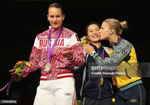 Silver medalist Sofya Velikaya of Russia, gold medalist Jiyeon Kim of Korea and bronze medalist Olga Kharlan of Ukraine pose on the podium during the...