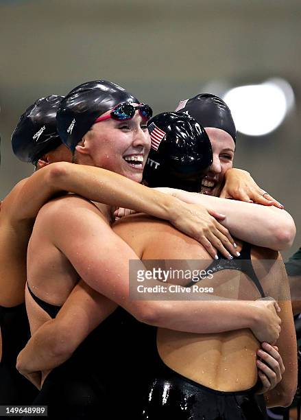 Shannon Vreeland , Missy Franklin , Allison Schmitt and Dana Vollmer of the United States celebrate after they won the Final of the Women's 4x200m...