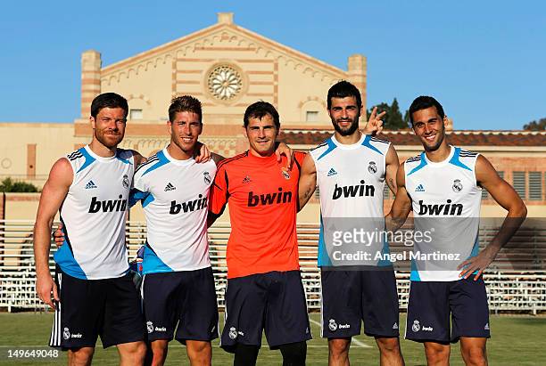 Spanish players Xabi Alonso, Sergio Ramos, Iker Casillas, Raul Albiol and Alvaro Arbeloa of Real Madrid pose before a training session at UCLA Campus...