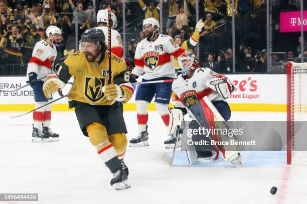 Mark Stone of the Vegas Golden Knights celebrates his goal against Sergei Bobrovsky of the Florida Panthers in Game Two of the 2023 NHL Stanley Cup...