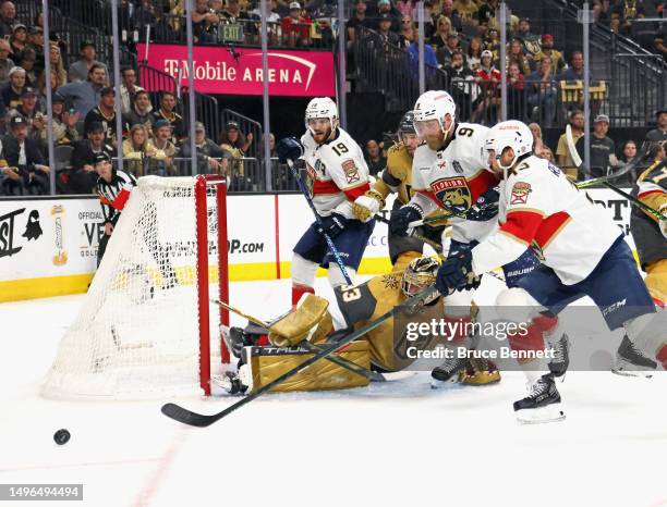 Adin Hill of the Vegas Golden Knights tends net against the Florida Panthers in Game Two of the 2023 NHL Stanley Cup Final at T-Mobile Arena on June...