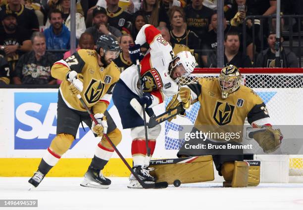 Adin Hill of the Vegas Golden Knights tends net against the Florida Panthers in Game Two of the 2023 NHL Stanley Cup Final at T-Mobile Arena on June...