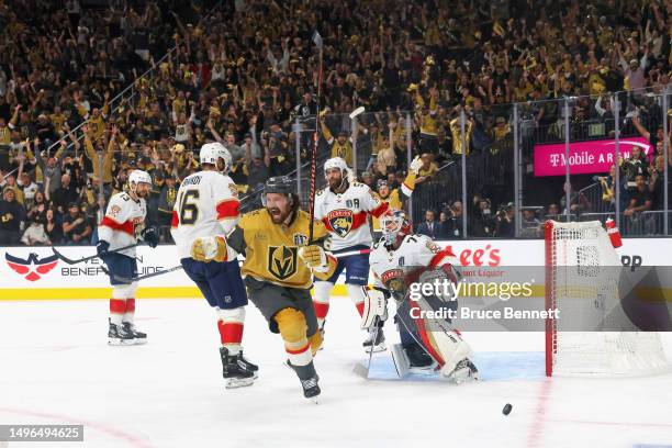 Mark Stone of the Vegas Golden Knights celebrates his goal against Sergei Bobrovsky of the Florida Panthers in Game Two of the 2023 NHL Stanley Cup...