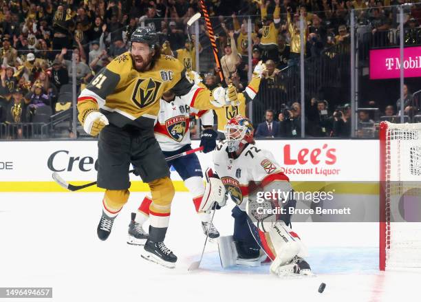 Mark Stone of the Vegas Golden Knights celebrates his goal against Sergei Bobrovsky of the Florida Panthers in Game Two of the 2023 NHL Stanley Cup...