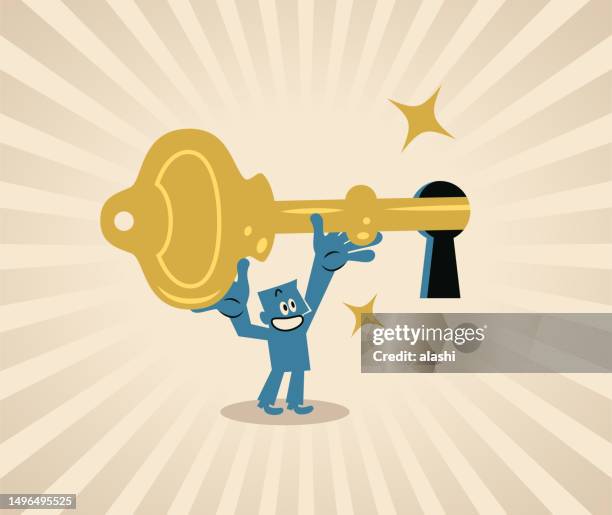 ein lächelnder blauer mann steckt einen großen goldenen schlüssel in das schlüsselloch, um es zu ver- oder entriegeln - durchblick schlüsselloch stock-grafiken, -clipart, -cartoons und -symbole
