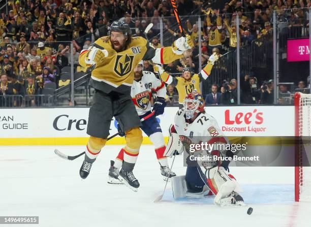 Mark Stone of the Vegas Golden Knights celebrates his goal against Sergei Bobrovsky of the Florida Panthers in Game Two of the 2023 NHL Stanley Cup...