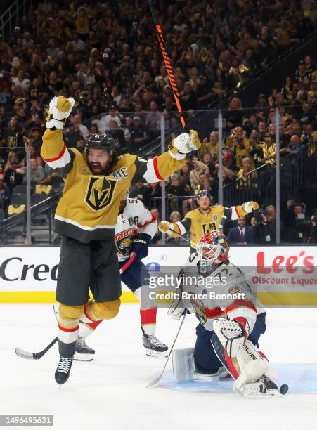 Mark Stone of the Vegas Golden Knights celebrates his goal against Sergei Bobrovsky of the Florida Panthers in Game Two of the 2023 NHL Stanley Cup...
