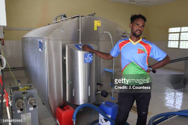 Akordat Subzone Livestock and Dairy expert Solomon Alemeyu gives a tour of a new milk processing plant on May 22, 2023 in Akordat, Eritrea. In...