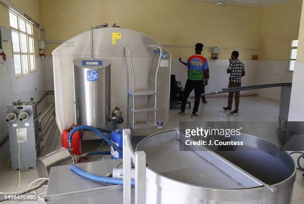 Akordat Subzone Livestock and Dairy expert Solomon Alemeyu gives a tour of a new milk processing plant on May 22, 2023 in Akordat, Eritrea. In...