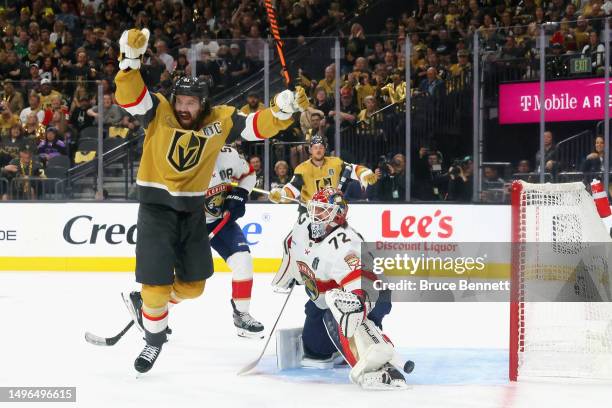 Mark Stone of the Vegas Golden Knights celebrates his goal against Sergei Bobrovsky of the Florida Panthers in Game Two of the 2023 NHL Stanley Cup...