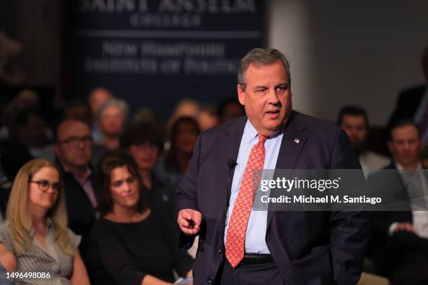 Former New Jersey Gov. Chris Christie speaks at a town-hall-style event at the New Hampshire Institute of Politics at Saint Anselm College on June...