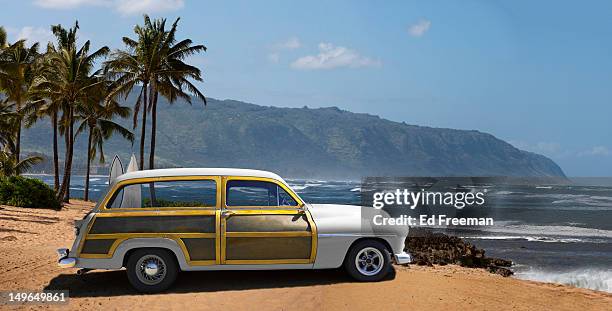 vintage "woody" on hawaiian beach - station wagon stock pictures, royalty-free photos & images