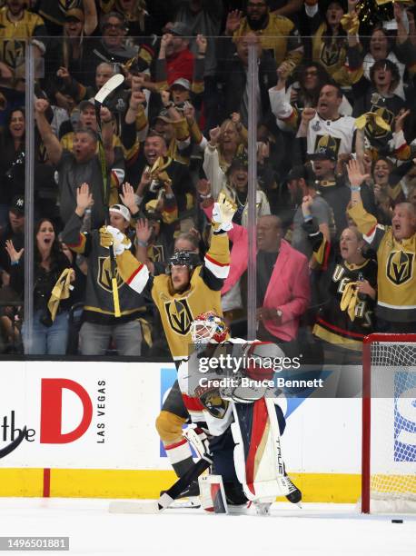 Jack Eichel celebrates a Vegas Golden Knights goal against Sergei Bobrovsky of the Florida Panthers in Game Two of the 2023 NHL Stanley Cup Final at...