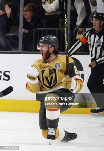 Jonathan Marchessault of the Vegas Golden Knights celebrates a goal against the Florida Panthers in Game Two of the 2023 NHL Stanley Cup Final at...