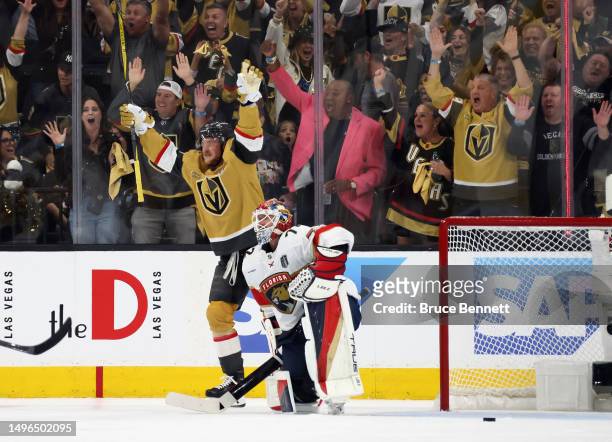 Jack Eichel celebrates a Vegas Golden Knights goal against Sergei Bobrovsky of the Florida Panthers in Game Two of the 2023 NHL Stanley Cup Final at...