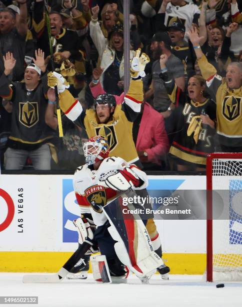 Jack Eichel celebrates a Vegas Golden Knights goal against Sergei Bobrovsky of the Florida Panthers in Game Two of the 2023 NHL Stanley Cup Final at...