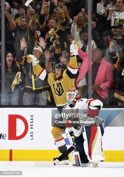 Jack Eichel celebrates a Vegas Golden Knights goal against Sergei Bobrovsky of the Florida Panthers in Game Two of the 2023 NHL Stanley Cup Final at...