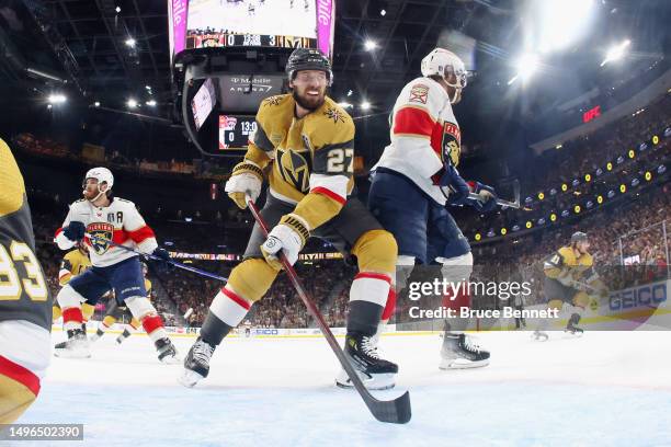 Shea Theodore of the Vegas Goldesn Knights a the Florida Panthers in Game Two of the 2023 NHL Stanley Cup Final at T-Mobile Arena on June 05, 2023 in...