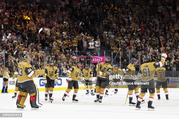 The Vegas Golden Knights celebrate a victory over the Florida Panthers in Game Two of the 2023 NHL Stanley Cup Final at T-Mobile Arena on June 05,...