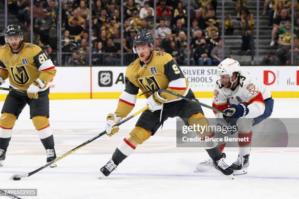 Jack Eichel of the Vegas Golden Knights skates against the Florida Panthers in Game Two of the 2023 NHL Stanley Cup Final at T-Mobile Arena on June...