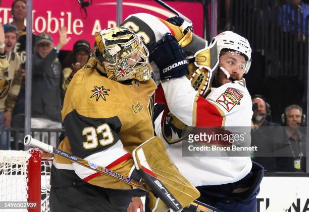 Adin Hill of the Vegas Golden Knights gets the blocker up on Matthew Tkachuk of the Florida Panthers in Game Two of the 2023 NHL Stanley Cup Final at...