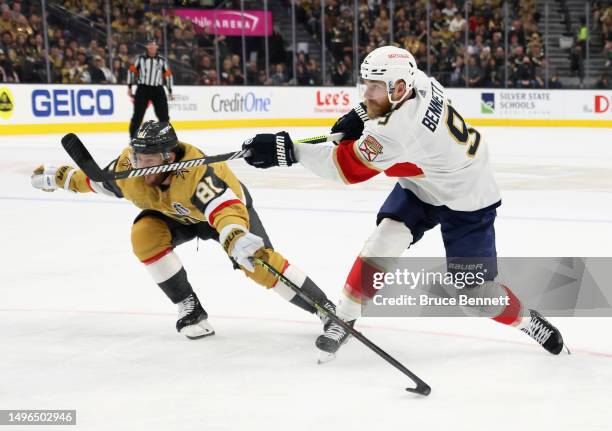 Sam Bennett of the Florida Panthers takes the shot against the Vegas Golden Knights in Game Two of the 2023 NHL Stanley Cup Final at T-Mobile Arena...