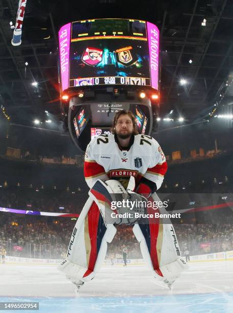 Sergei Bobrovsky of the Florida Panthers prepares to play against the Vegas Golden Knights in Game Two of the 2023 NHL Stanley Cup Final at T-Mobile...