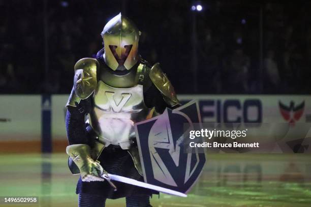 Lee Orchard as the Golden Knight performs during a pregame show before Game Two of the 2023 NHL Stanley Cup Final between the Florida Panthers and...