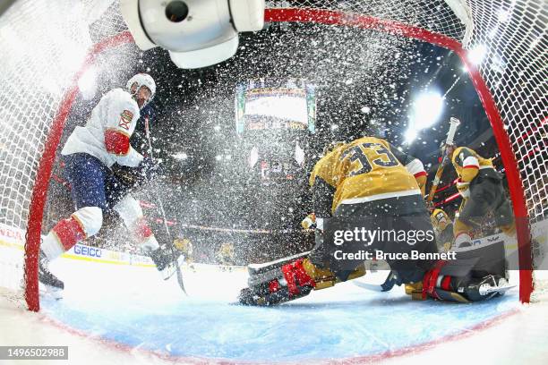 Adin Hill of the Vegas Golden Knights defends the net against the Florida Panthers in Game Two of the 2023 NHL Stanley Cup Final at T-Mobile Arena on...