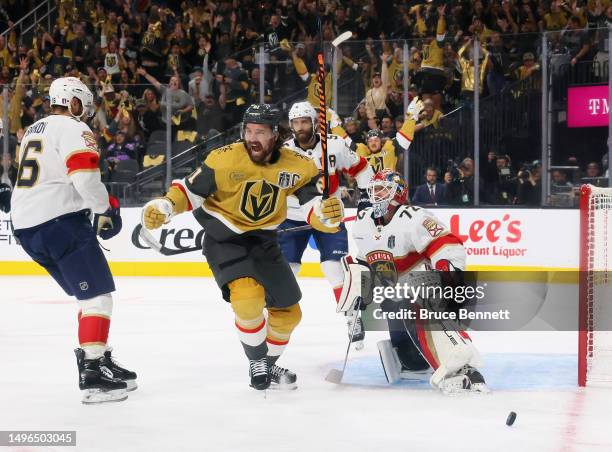 Mark Stone of the Vegas Golden Knights celebrates his goal against Sergei Bobrovsky of the Florida Panthers in Game Two of the 2023 NHL Stanley Cup...