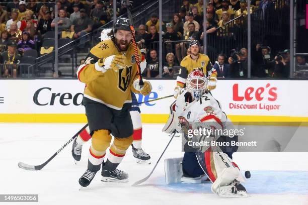 Mark Stone of the Vegas Golden Knights celebrates his goal against Sergei Bobrovsky of the Florida Panthers in Game Two of the 2023 NHL Stanley Cup...