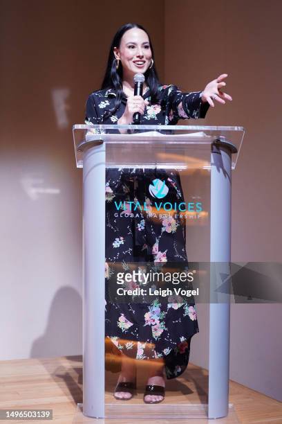 Meena Harris speaks onstage during a Vital Voices private screening of the Meena Harris executive produced film, “The Graduates” on June 06, 2023 in...