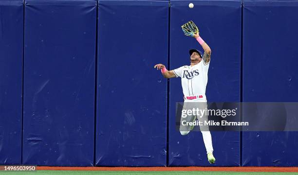 Jose Siri of the Tampa Bay Rays makes a catch in the third inning during a game against the Minnesota Twins at Tropicana Field on June 06, 2023 in St...