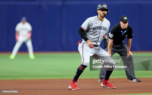 Carlos Correa of the Minnesota Twins leads off second in the first inning during a game against the Tampa Bay Rays at Tropicana Field on June 06,...