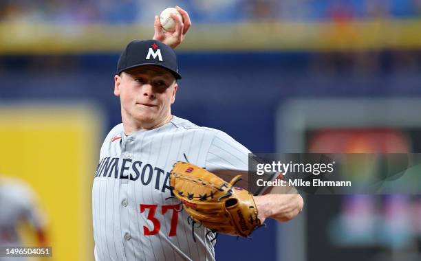 Louie Varland of the Minnesota Twins pitches during a game against the Tampa Bay Rays at Tropicana Field on June 06, 2023 in St Petersburg, Florida.