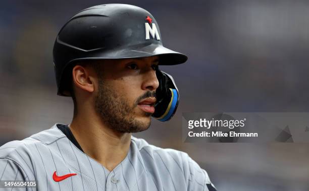Carlos Correa of the Minnesota Twins looks on in the first inning during a game against the Tampa Bay Rays at Tropicana Field on June 06, 2023 in St...